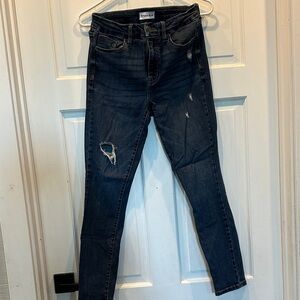 Mid-Rise Distressed Skinny Jeans - Dark Blue